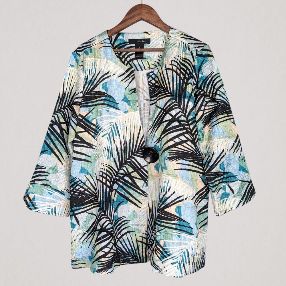 Ali Miles Womens One Button Jacket Tropical Leaf Print Crinkle Lightweight Sz M